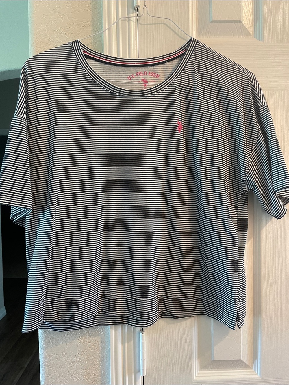 U.S. Polo Assn. Striped Short Sleeve Tee with Pink Logo L